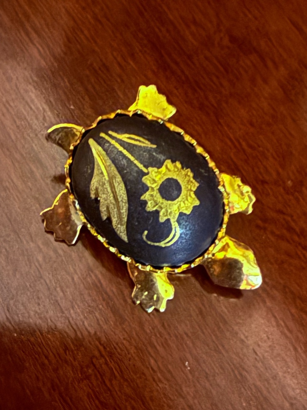 Vintage Gold Tone Turtle Pin with Black Enamel and Floral Motif